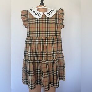 Burberry Beige Check Tiered Cotton Dress with Branded Peter Pan Collar